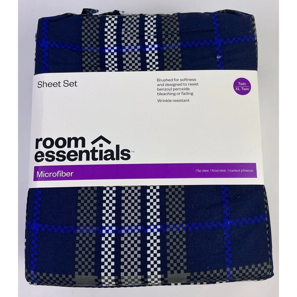 Room Essentials‎ Microfiber Sheet Set Twin XL Blue Gray Plaid Wrinkle Resistant